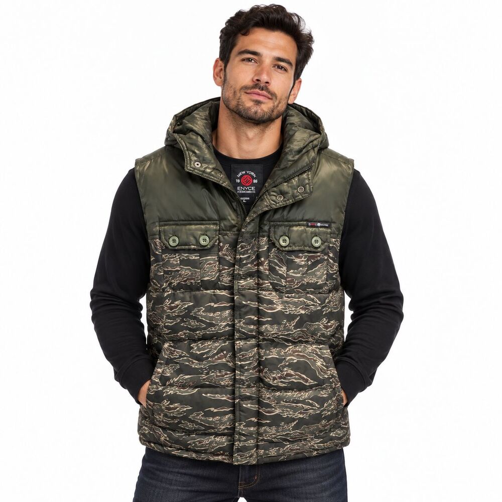 NWT ENYCE Sean Combs Mens L Camo Hooded Puffer Vest Y2K Hip Hop Utility